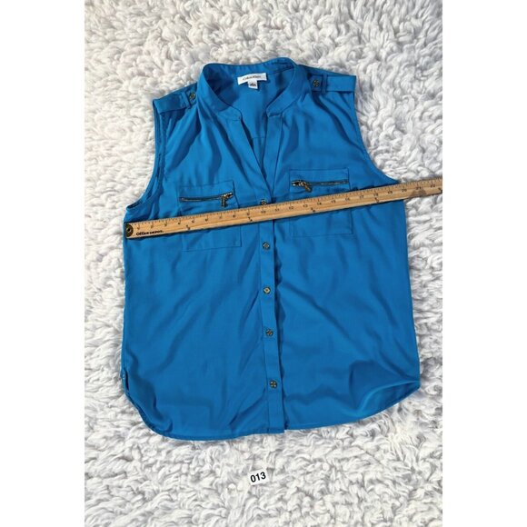 Calvin Klein Blouse Womens Lg Turquiose Blue Pockets Button Sleeveless Stretch - Picture 2 of 8